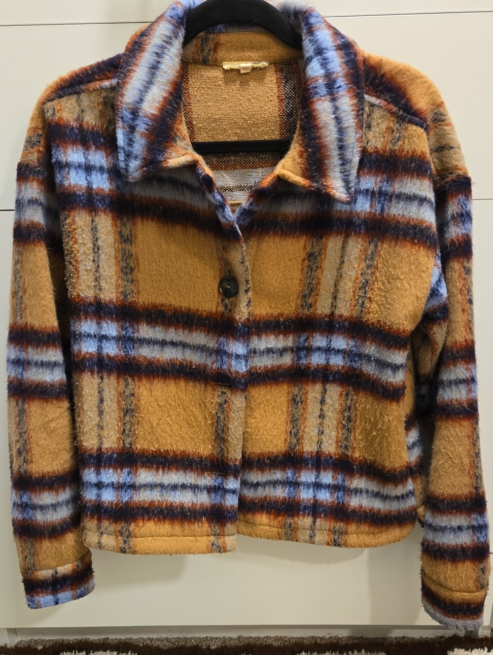 Mystree Plaid Teddy Jacket in Taupe and Light Blue